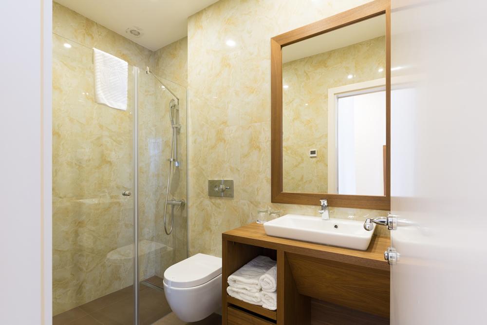 Une salle de bain avec WC, lavabo, miroir et douche à l'italienne.