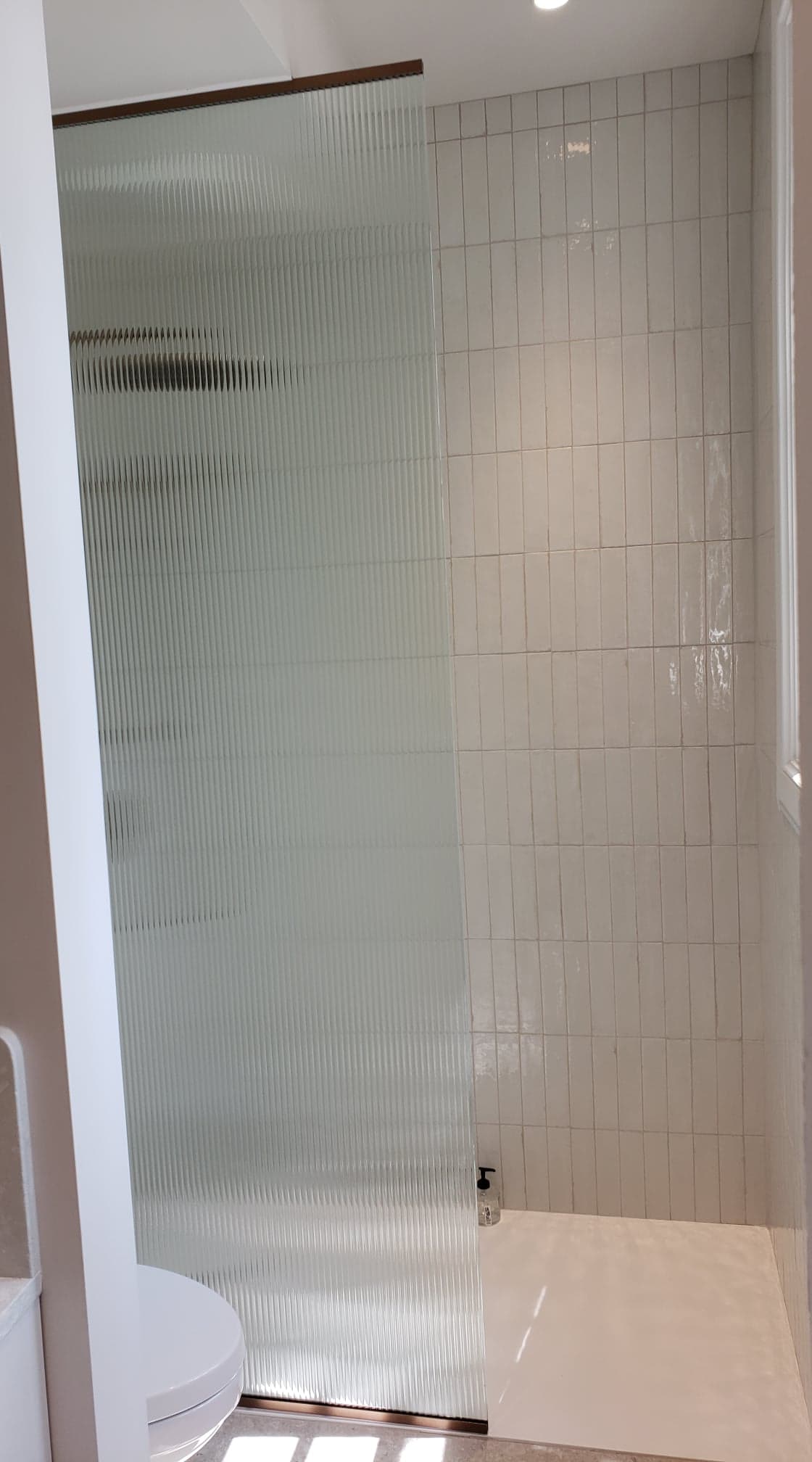 Une salle de bain avec WC, lavabo et douche.