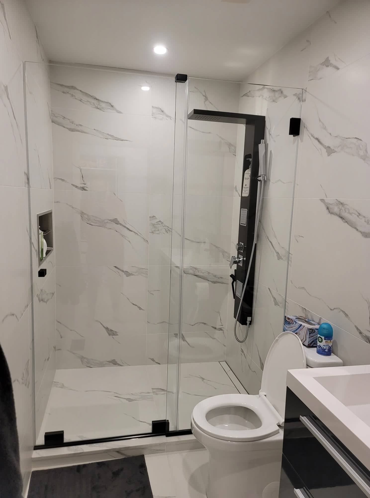 Une salle de bain avec WC, lavabo, douche et douche à l'italienne.