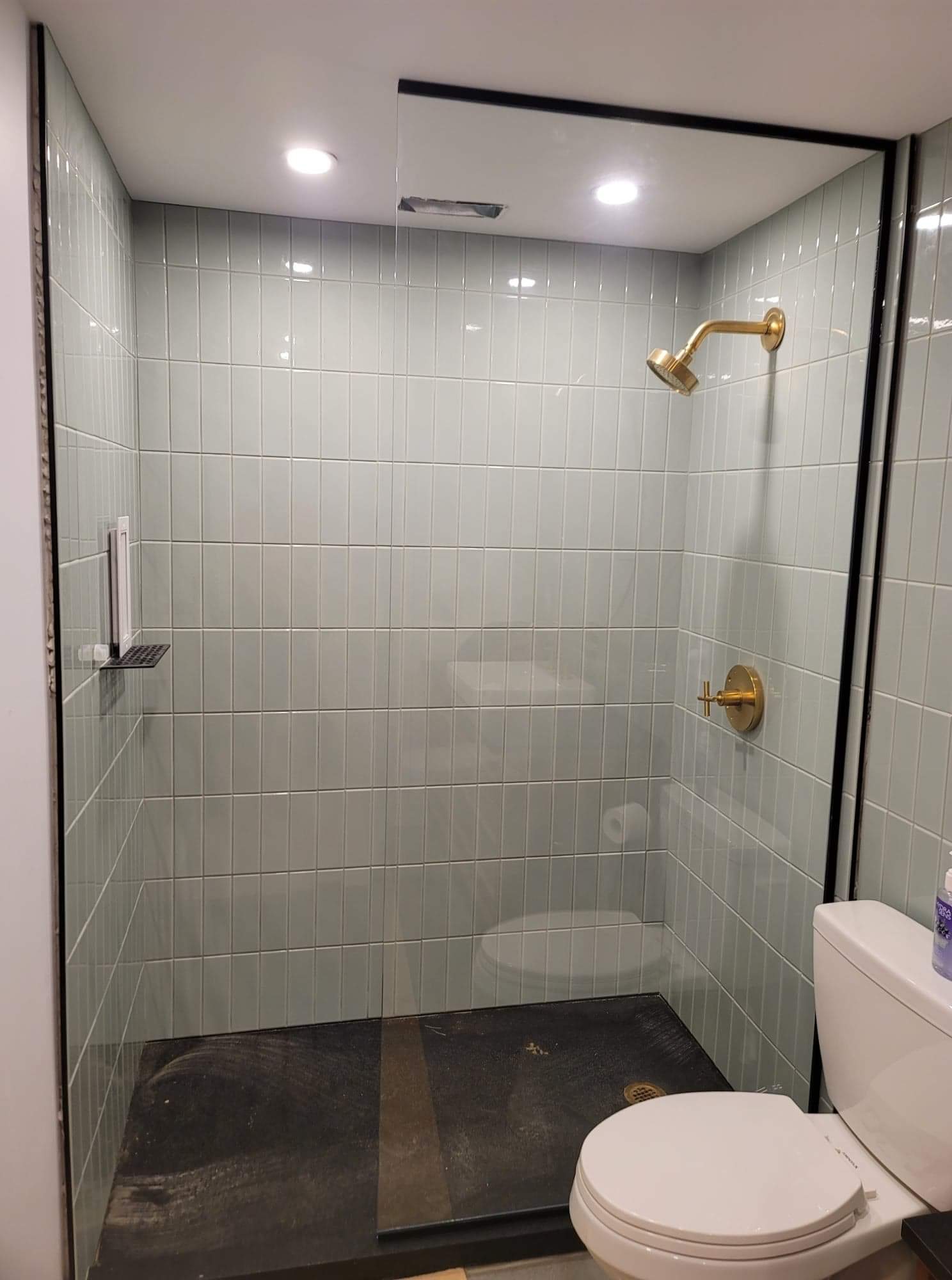 Une salle de bain avec WC et une douche à l'italienne avec porte vitrée.