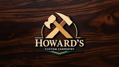 A logo for howard 's custom carpentry on a wooden background