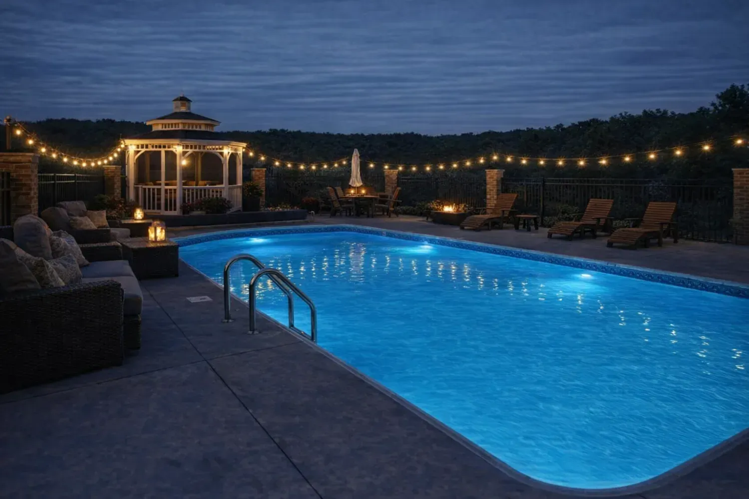A backyard pool at night, illuminated by blue underwater lights and a string of warm fairy lights overhead.