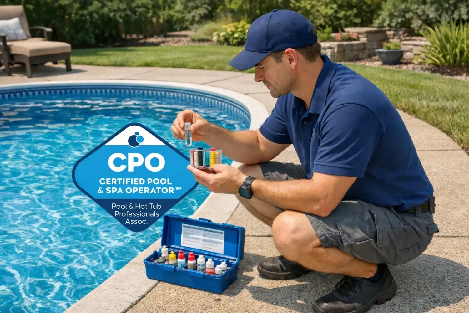 A pool technician in a blue shirt and cap tests water quality at a swimming pool with a kit.