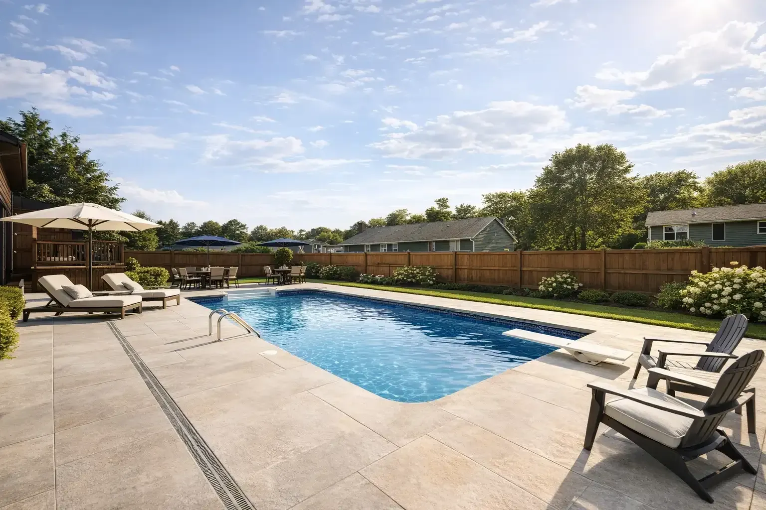 A backyard swimming pool with lounge chairs, umbrellas, and a wooden fence under a bright blue sky.