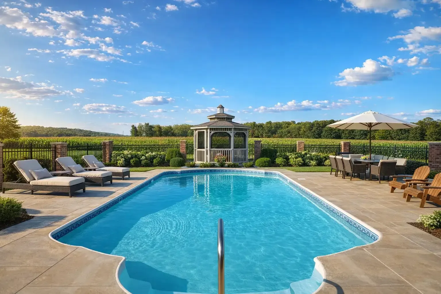 A blue swimming pool in a patio area with lounge chairs, a dining set under an umbrella, and a gazebo near a field.