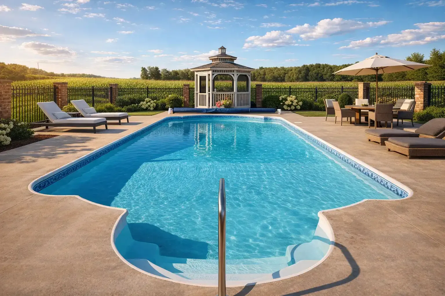 A backyard swimming pool with lounge chairs, a gazebo, and patio dining set on a sunny day.