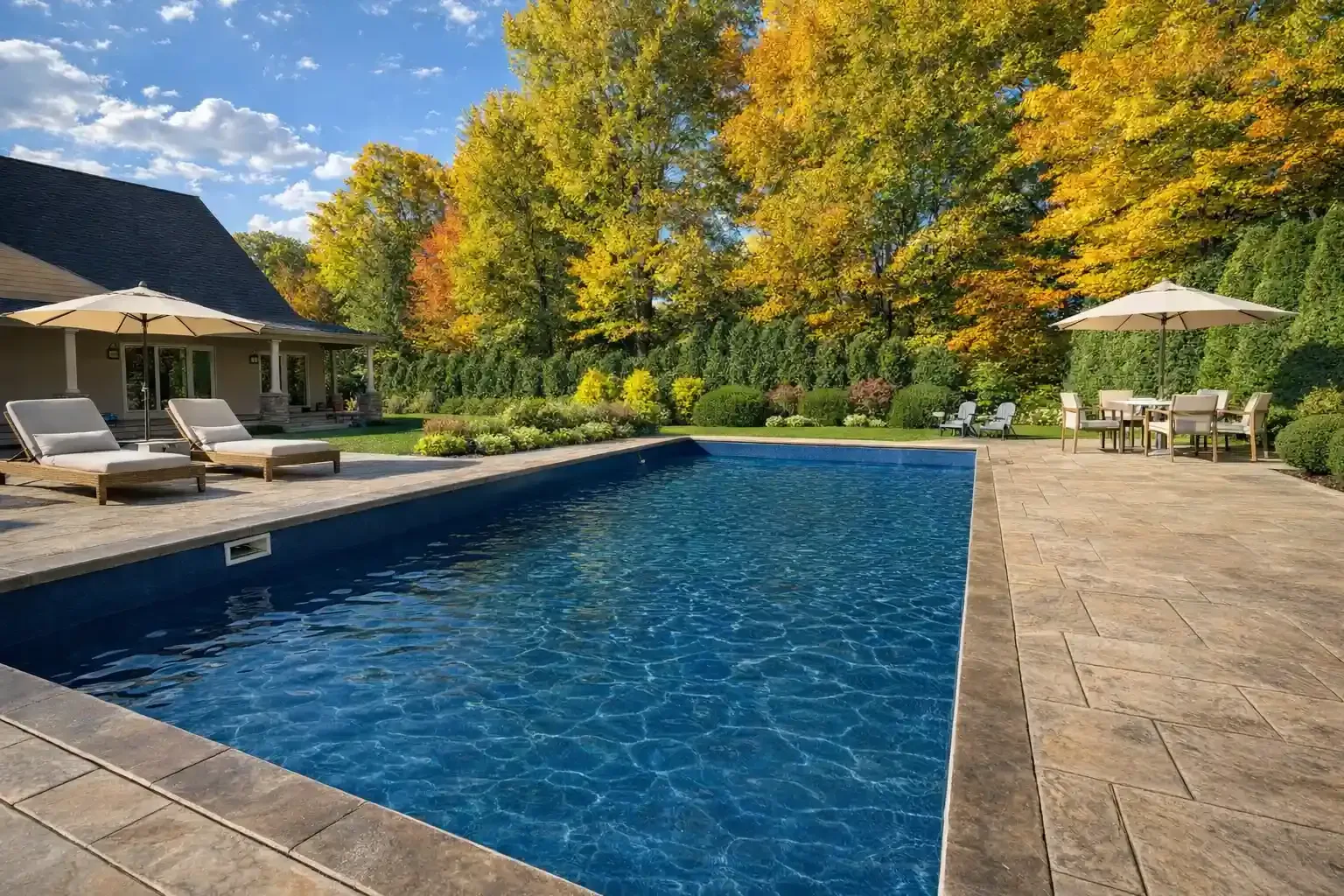 A rectangular swimming pool surrounded by a stone patio, lounge chairs, and autumn-colored trees under a sunny blue sky.
