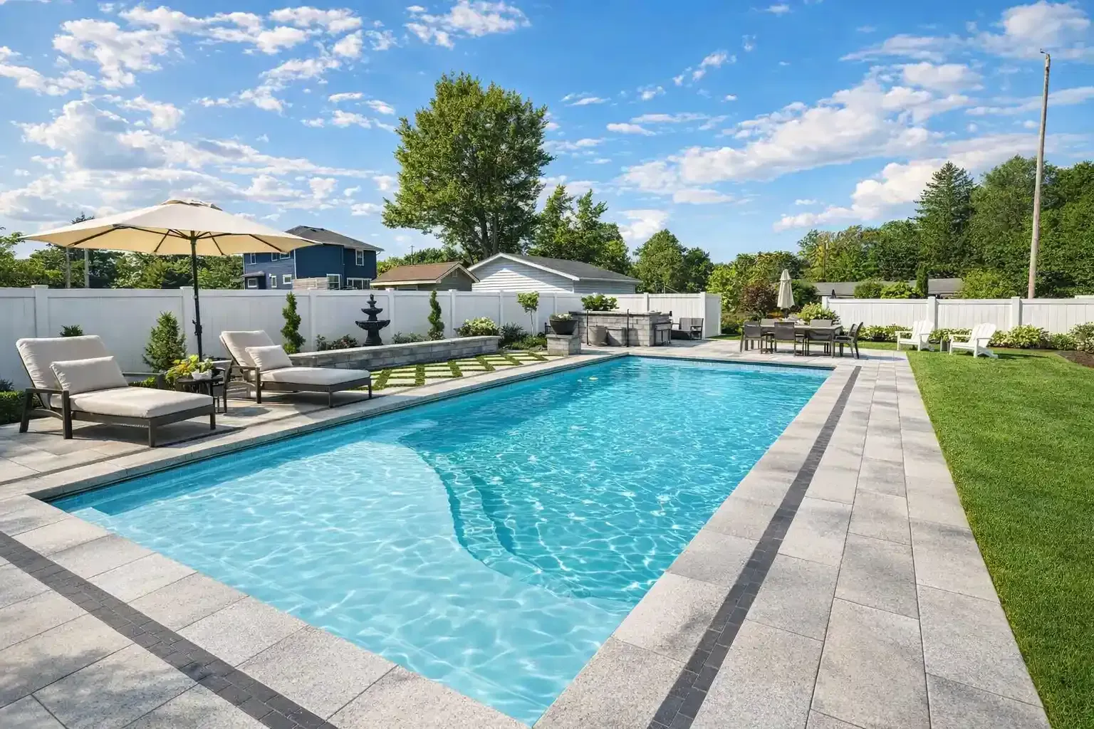 A rectangular swimming pool with blue water sits in a landscaped backyard with stone patio, lounge chairs, and fencing.