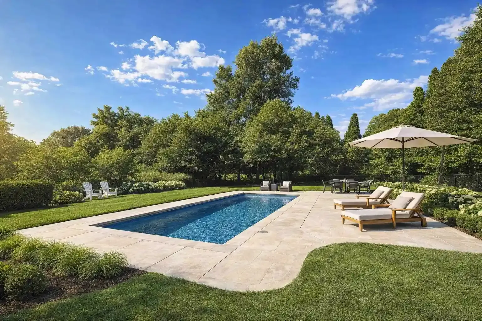 A rectangular swimming pool set in a backyard with stone patio, lounge chairs, a large umbrella, and lush green trees.