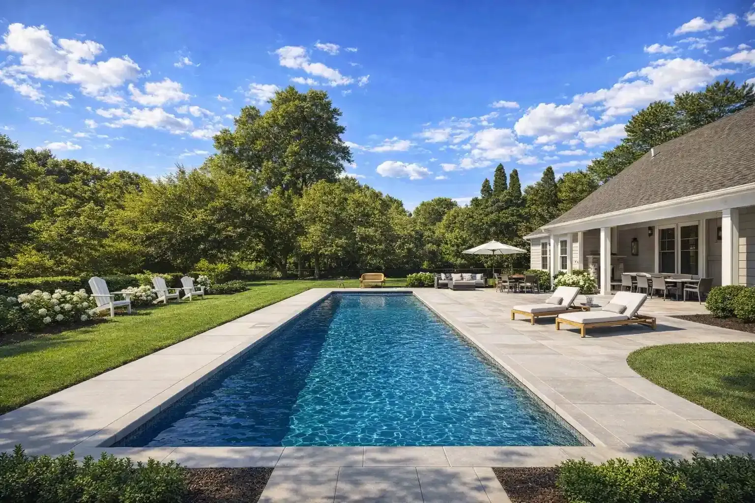 A rectangular lap pool with blue water sits on a stone patio beside a house, surrounded by lush green trees and lawn.