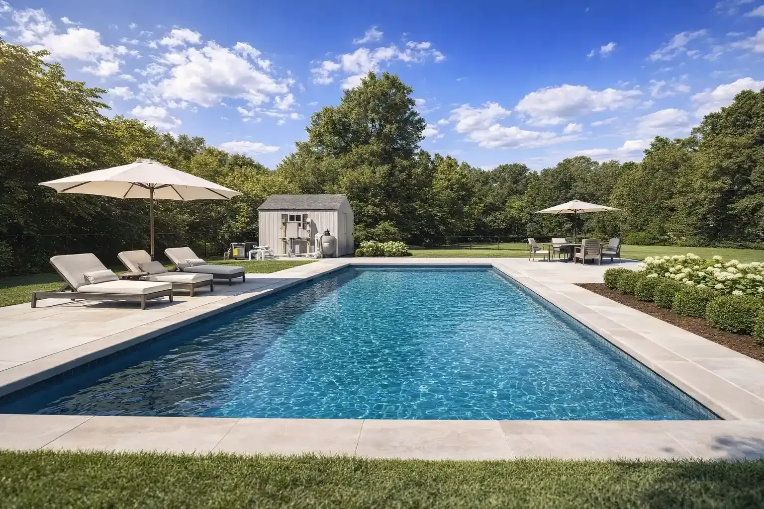 A rectangular backyard swimming pool with lounge chairs, umbrellas, and a small shed surrounded by trees under a blue sky.
