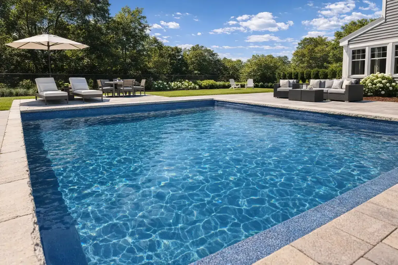 A rectangular swimming pool with blue water sits in a patio area with lounge chairs, a dining set, and a house nearby.