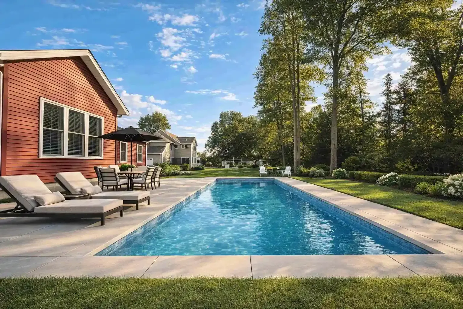 A rectangular swimming pool sits next to a red house with patio furniture and lounge chairs on a sunny day.