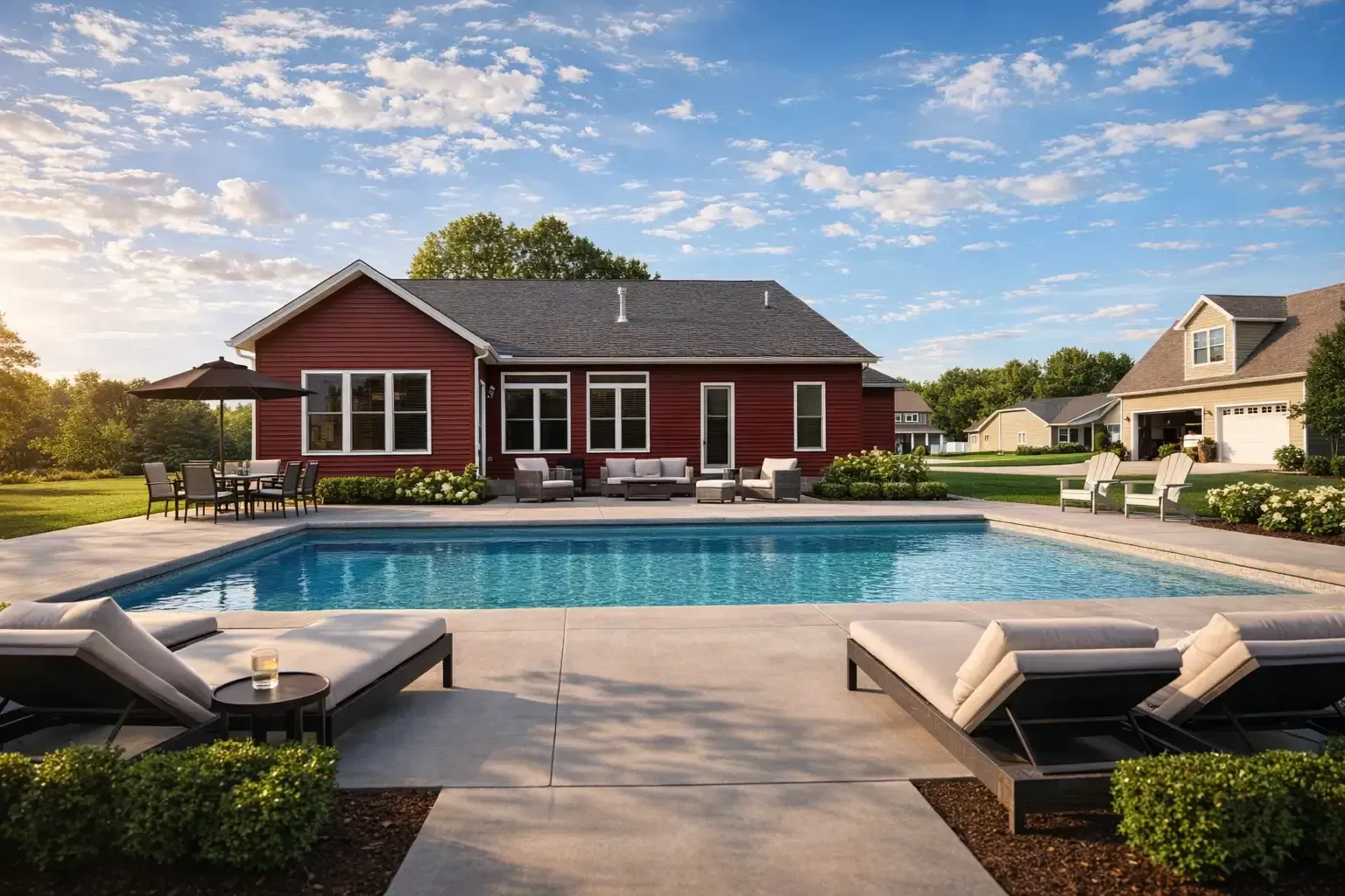 A red house with a pool and lounge chairs in the backyard on a sunny day.