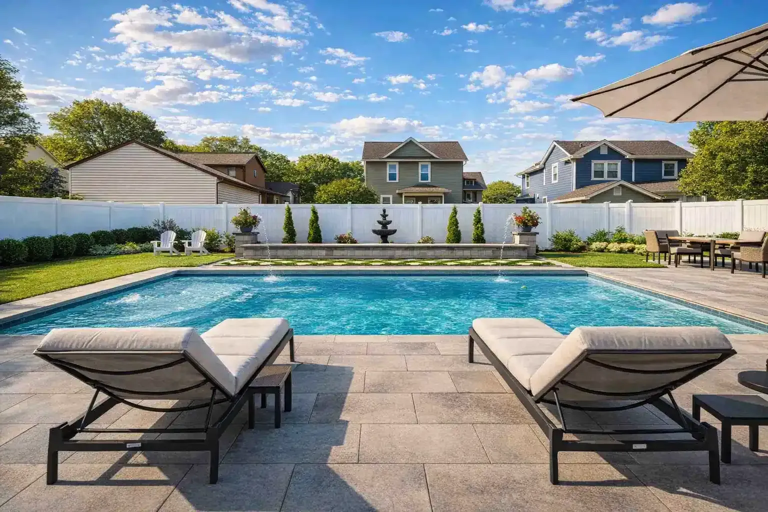 Two lounge chairs face a backyard pool with a patio, white privacy fence, and suburban homes under a blue sky.