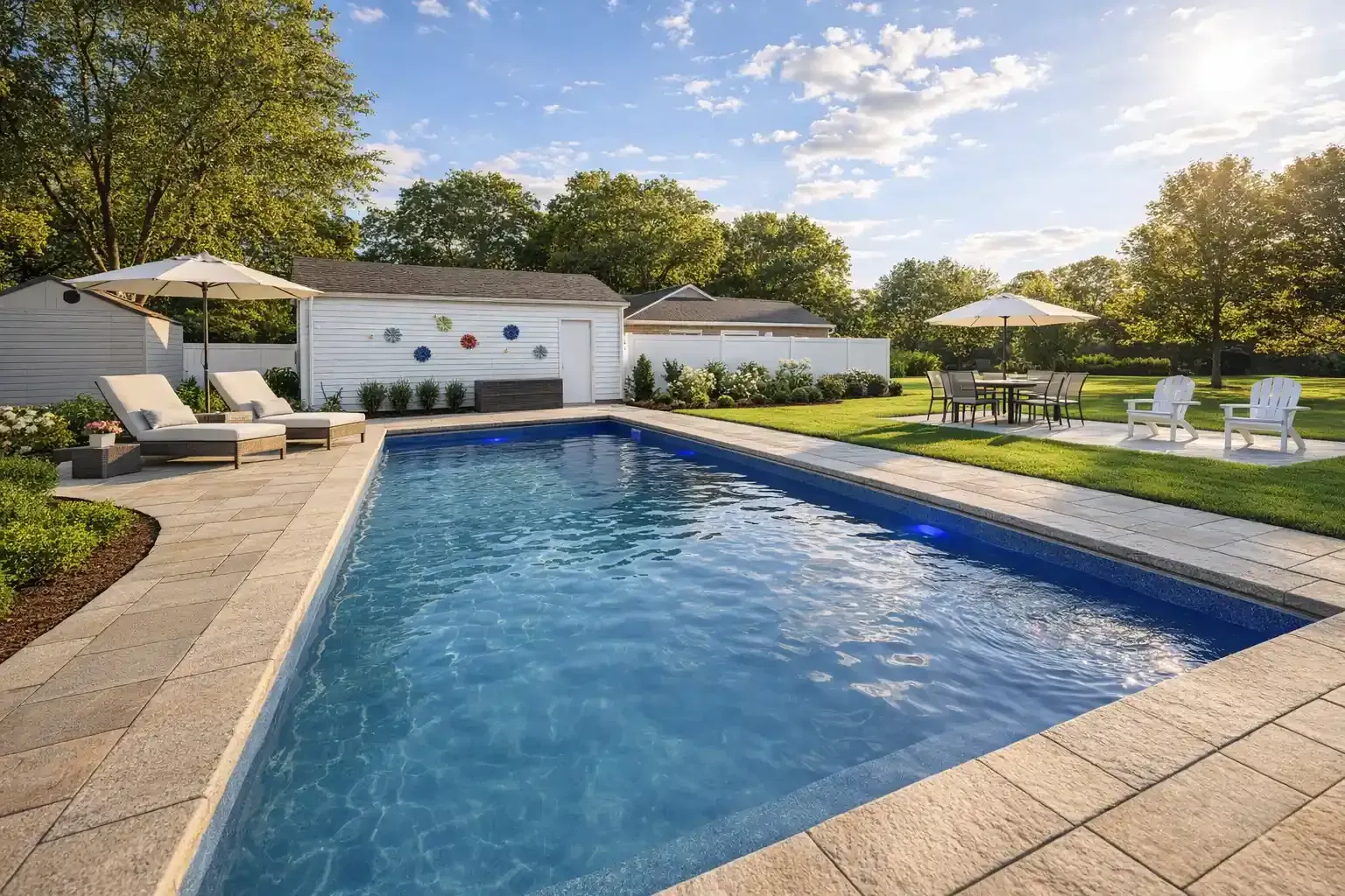 A rectangular swimming pool with blue water sits in a landscaped backyard with patio furniture and a white fence.