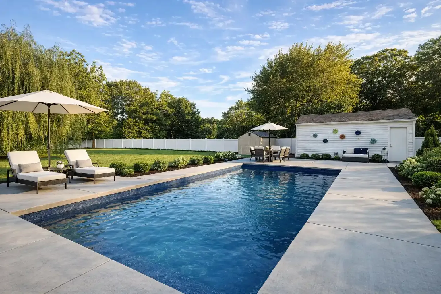 A rectangular blue swimming pool on a stone patio with lounge chairs, umbrellas, and a small building in a backyard.