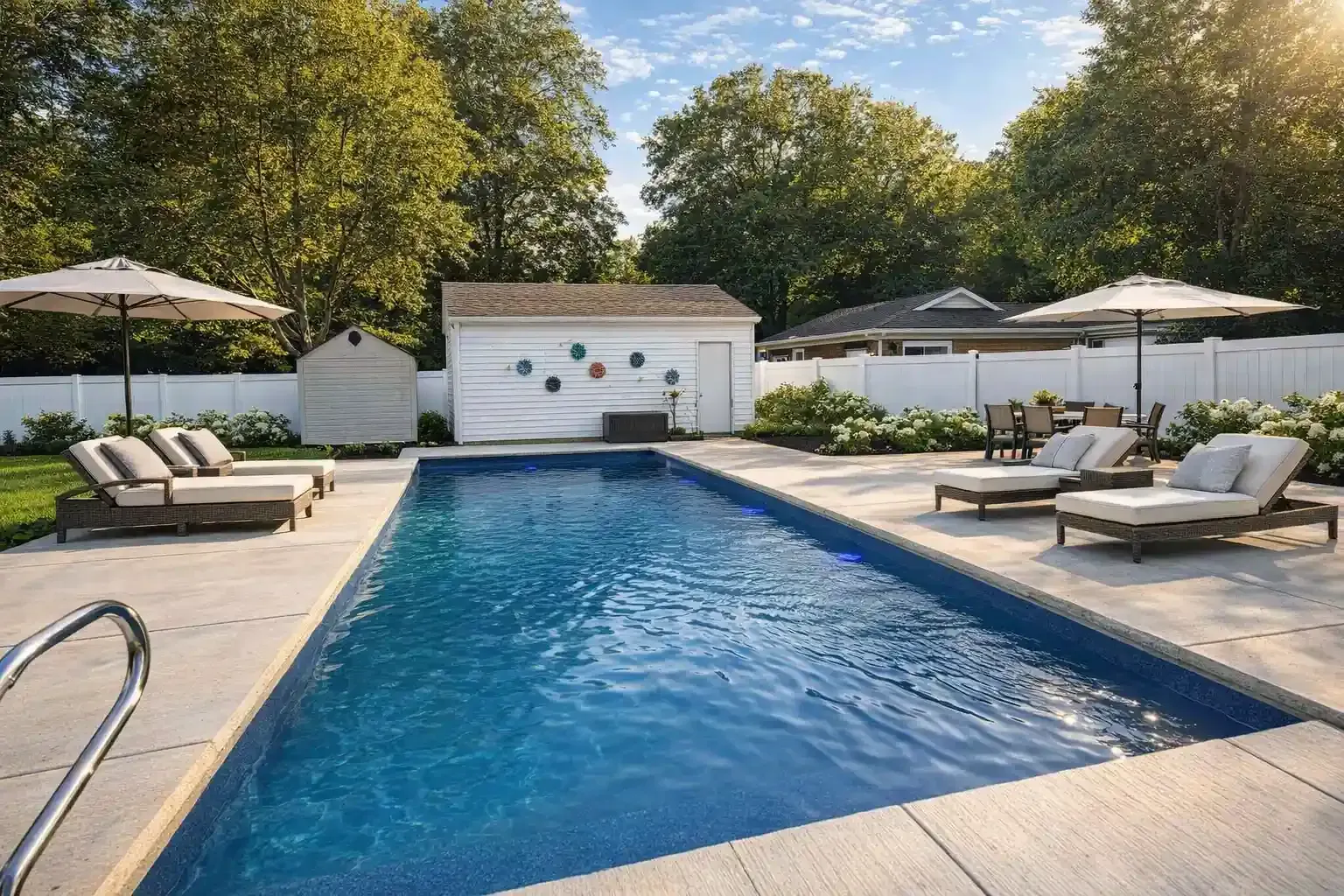 Rectangular backyard swimming pool with lounge chairs, umbrellas, and a small white shed under a bright blue sky.
