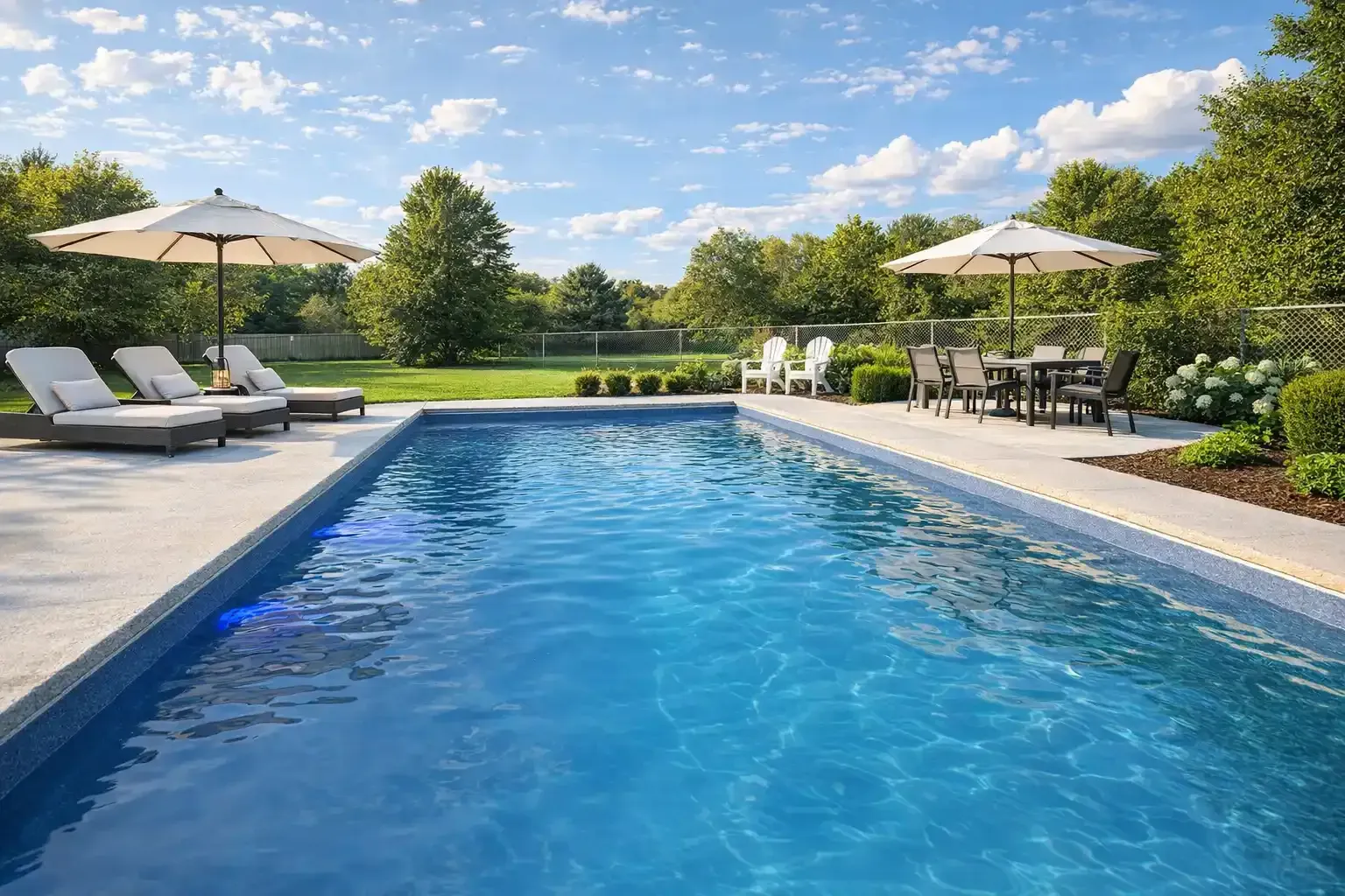 A rectangular blue swimming pool on a stone patio with lounge chairs, dining furniture, and umbrellas in a garden setting.