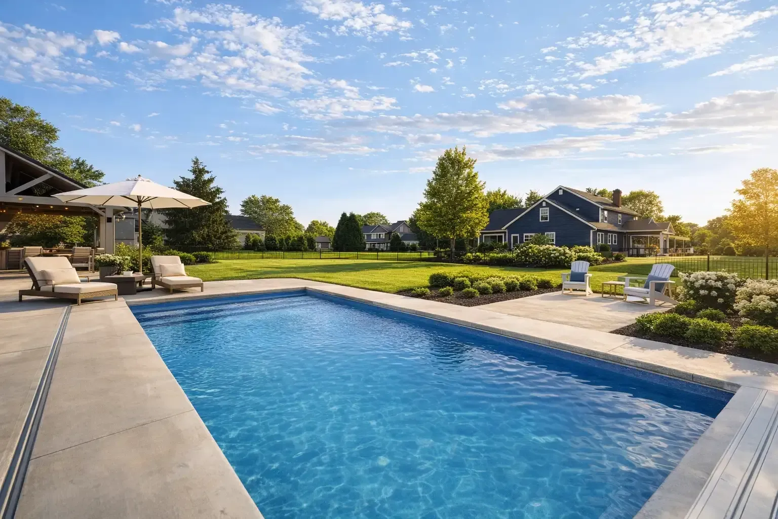 A rectangular blue swimming pool set in a sunny backyard with patio furniture, umbrellas, and a house in the background.