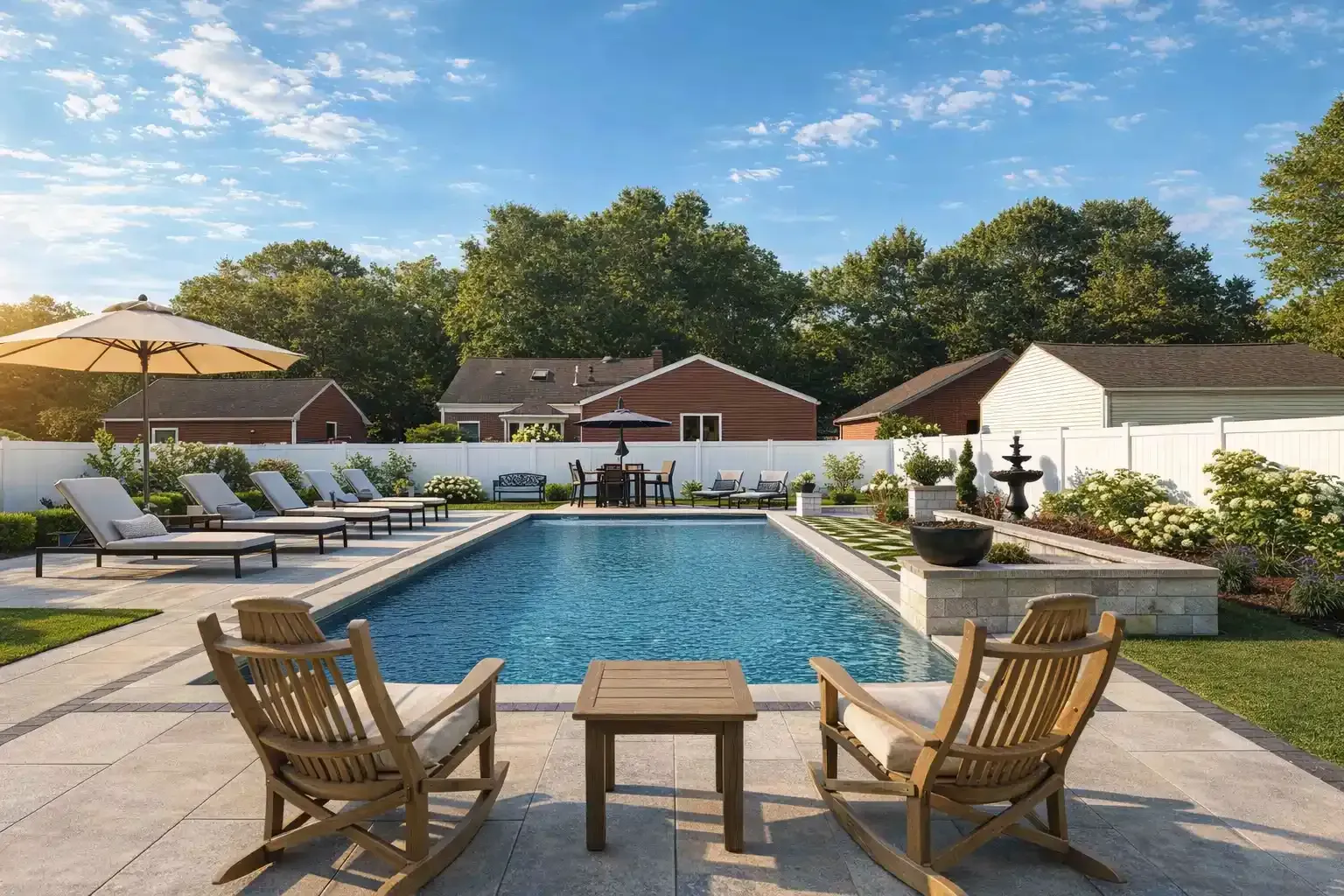 A swimming pool surrounded by a patio, rocking chairs, and lounge chairs in a suburban backyard under a blue sky.