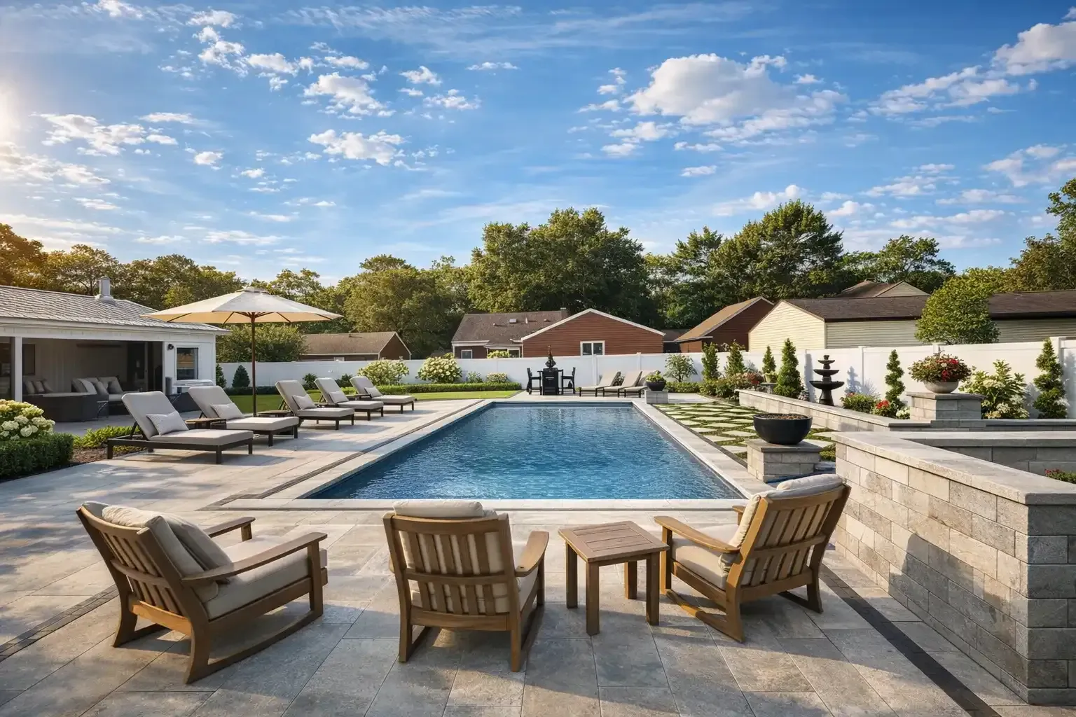 A rectangular swimming pool in a patio area with lounge chairs, stone walls, and surrounding trees under a blue sky.