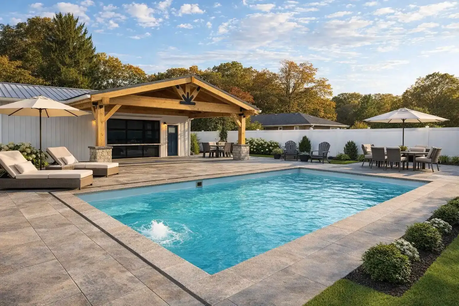 A rectangular swimming pool with a stone patio, lounge chairs, a dining area, and a covered pavilion.