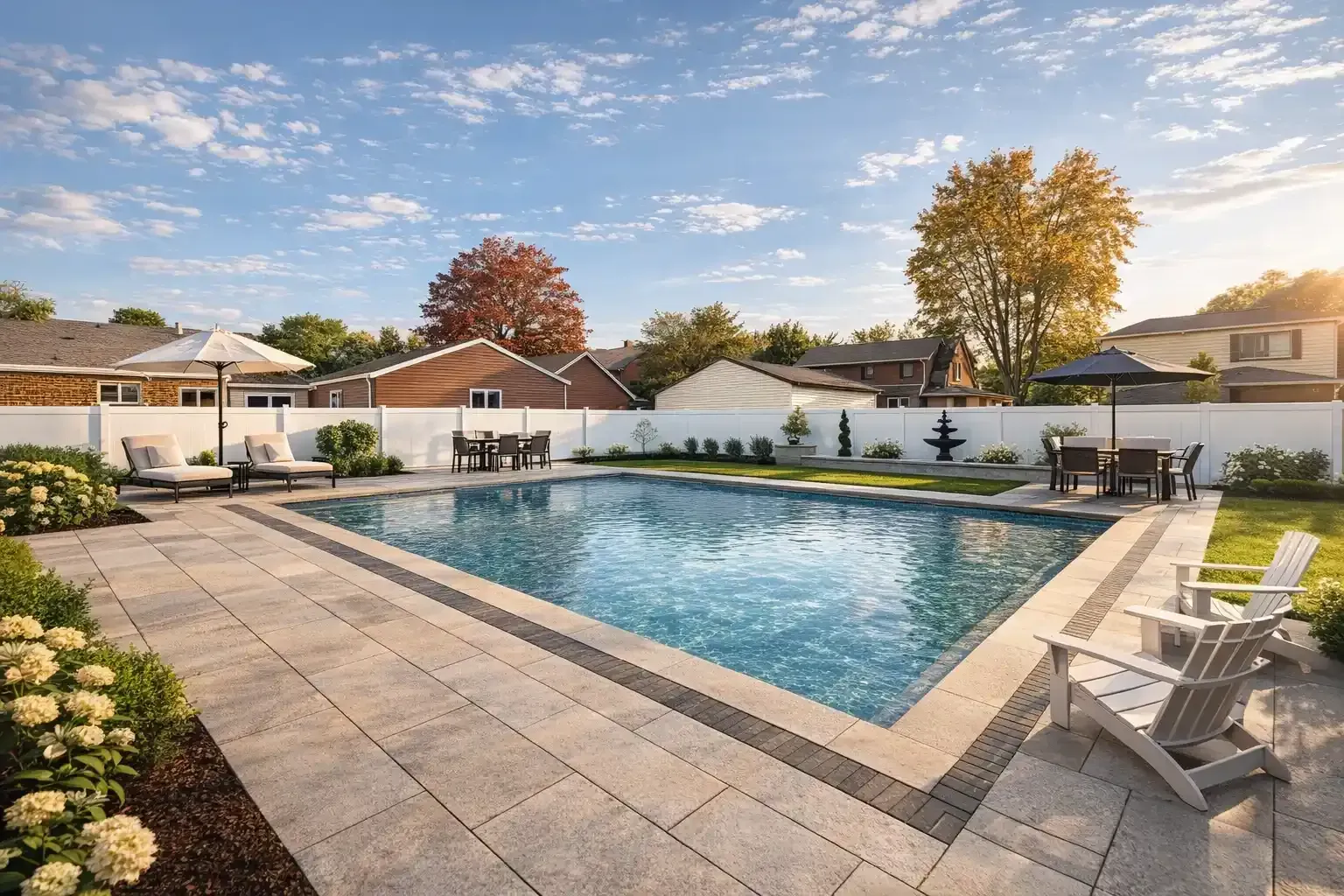 A rectangular backyard swimming pool with light stone decking, lounge chairs, and umbrellas under a sunny sky.