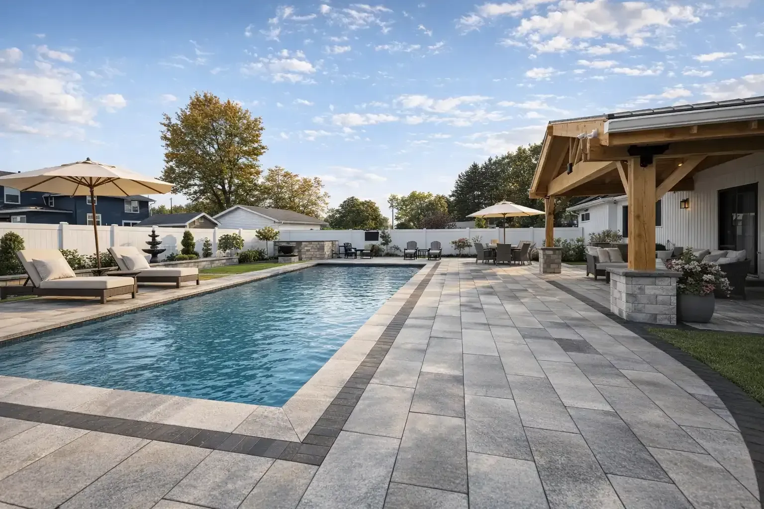 A backyard swimming pool with lounge chairs, umbrellas, and a covered patio area under a bright, sunny sky.