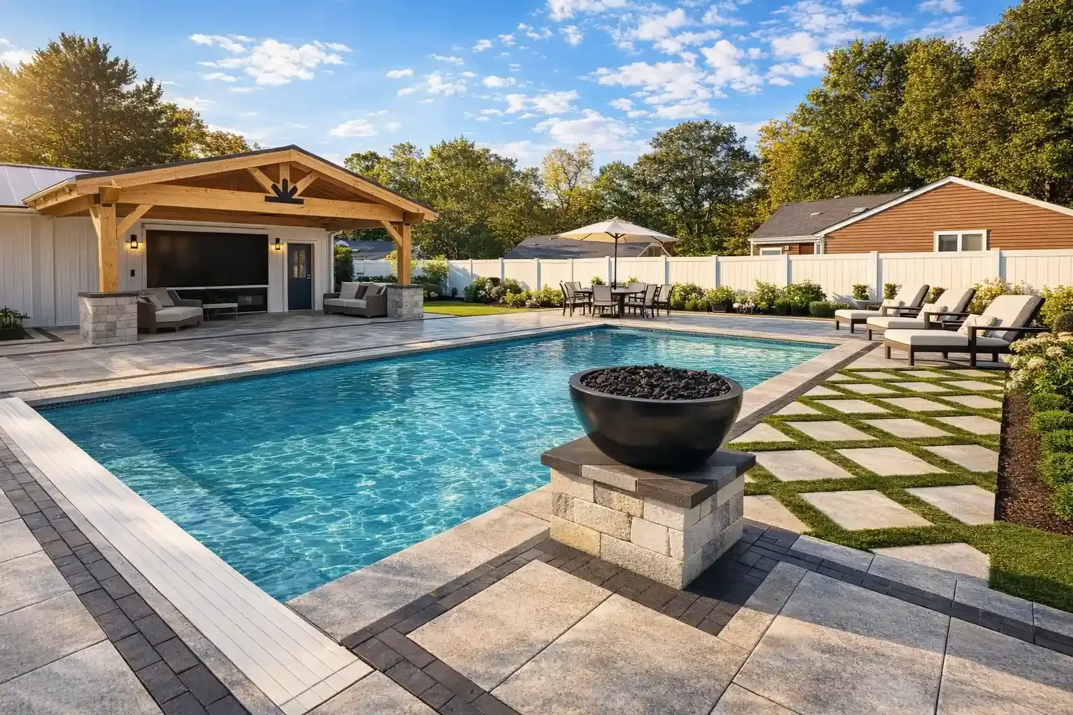 A backyard swimming pool with a stone patio, fire bowl, covered pavilion, and lounge chairs on a sunny day.