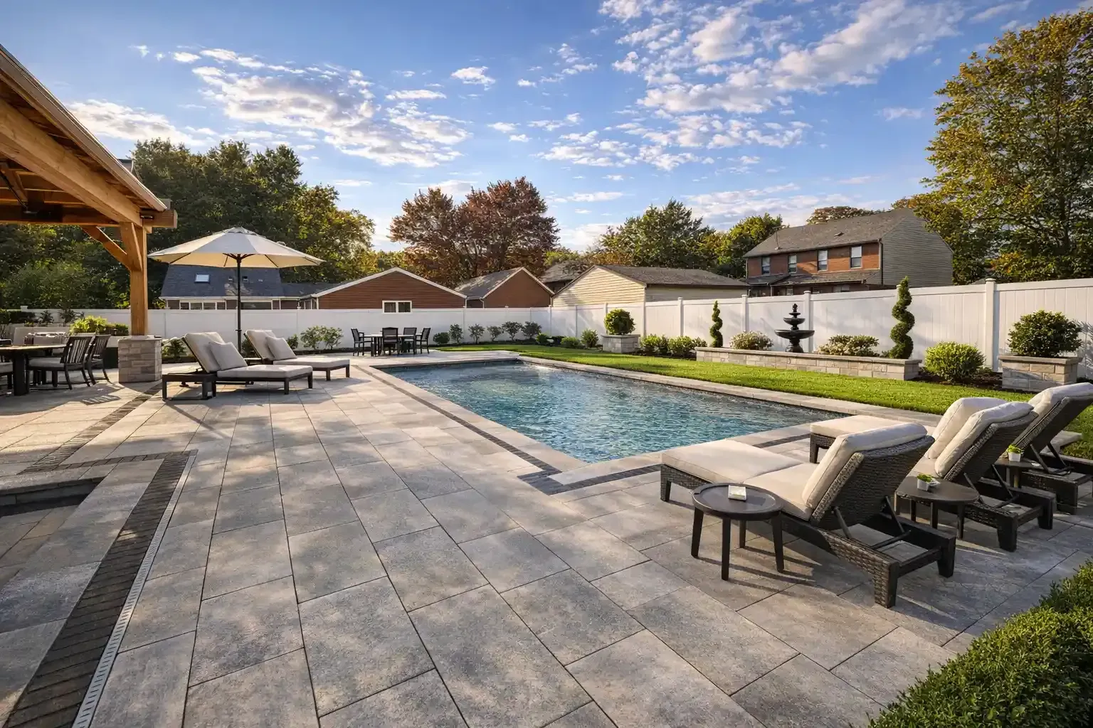 A rectangular swimming pool surrounded by a stone patio, lounge chairs, a patio umbrella, and a white privacy fence.