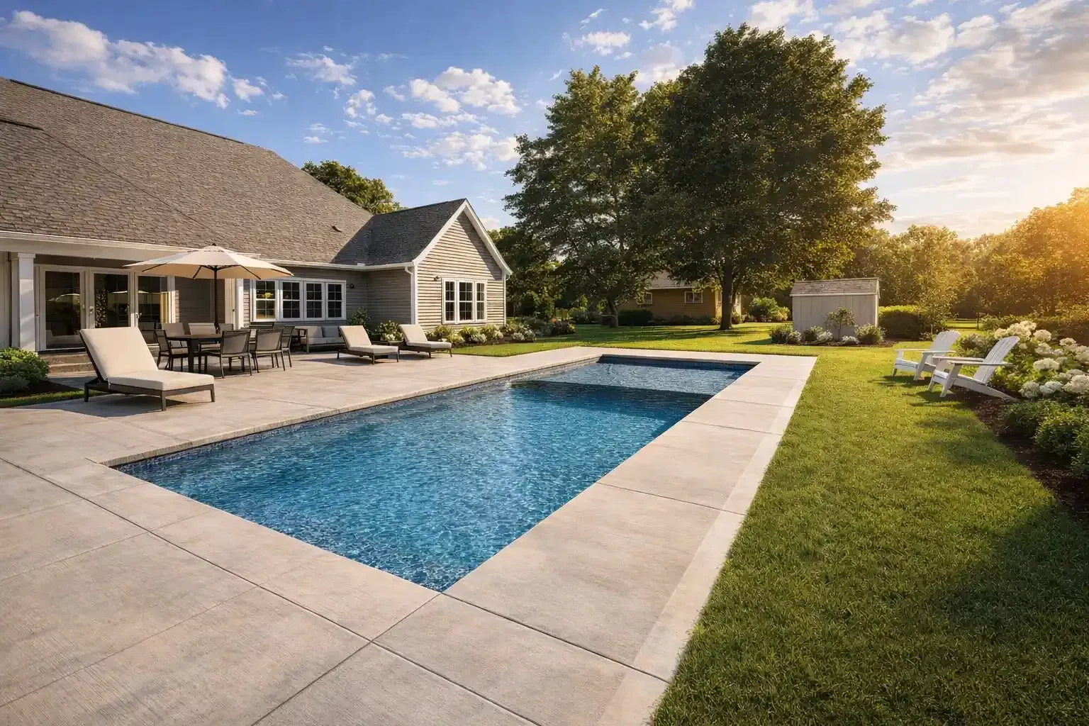 A rectangular swimming pool on a patio next to a house, with lounge chairs and a lush green lawn under a sunny sky.