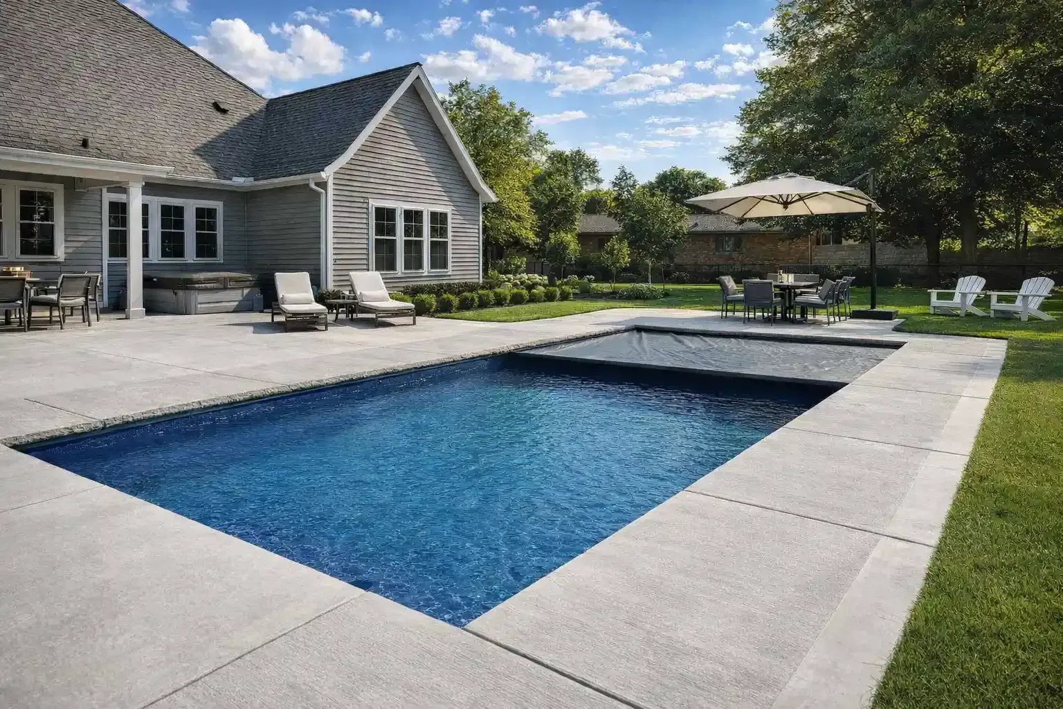 A rectangular backyard swimming pool with a partial safety cover, surrounded by a concrete patio and lawn on a sunny day.