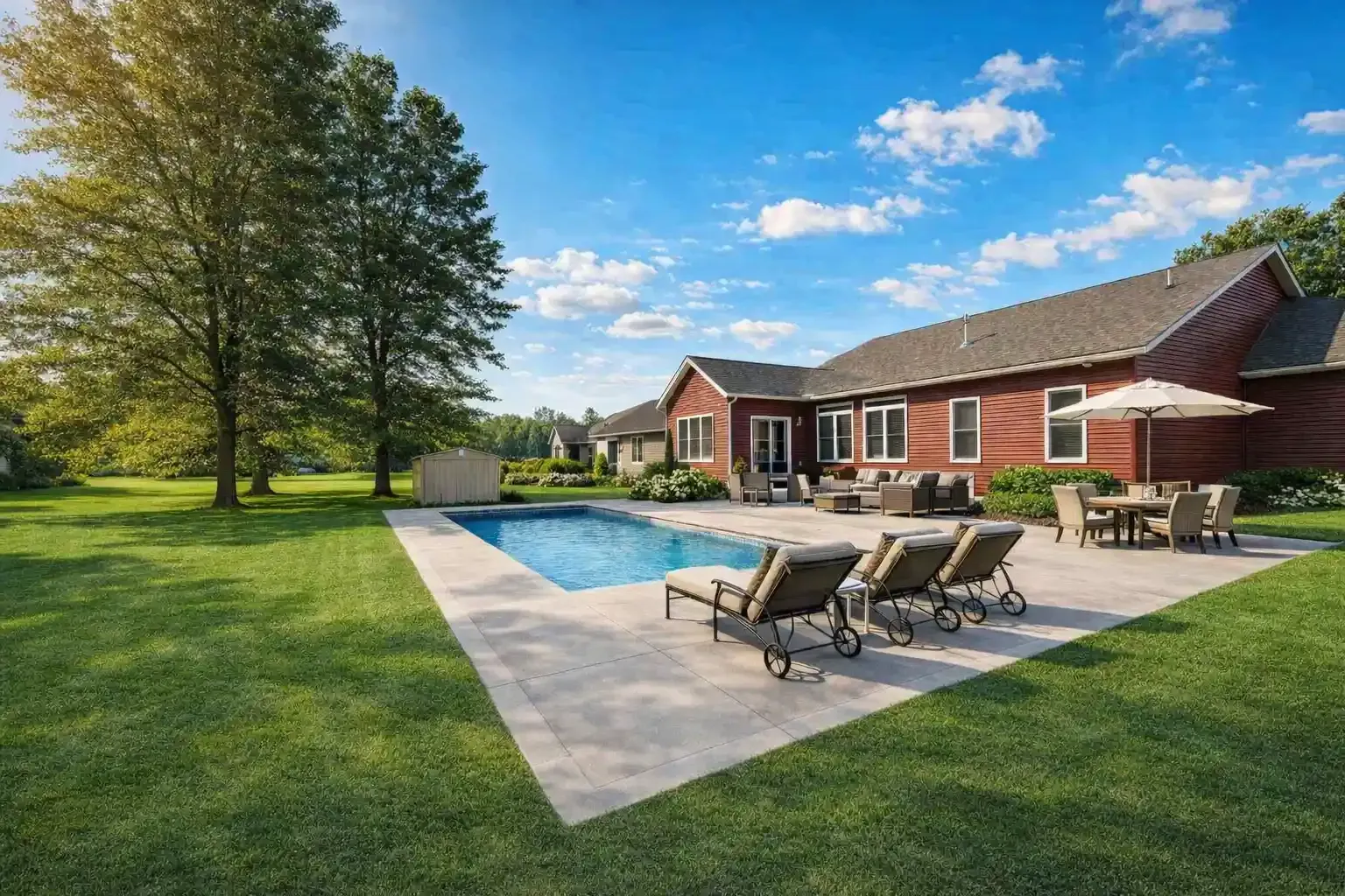 A backyard with a rectangular swimming pool, patio furniture, and umbrellas next to a red house on a sunny day.