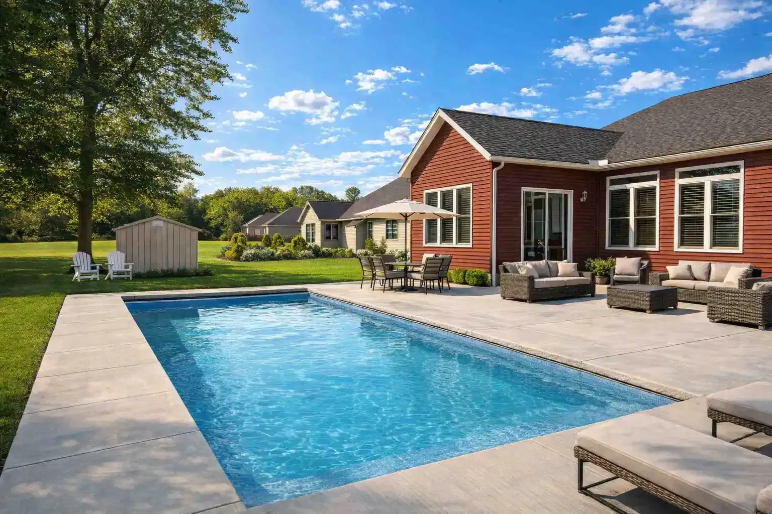 A rectangular swimming pool sits on a patio next to a red-sided house with a large backyard and trees under a blue sky.