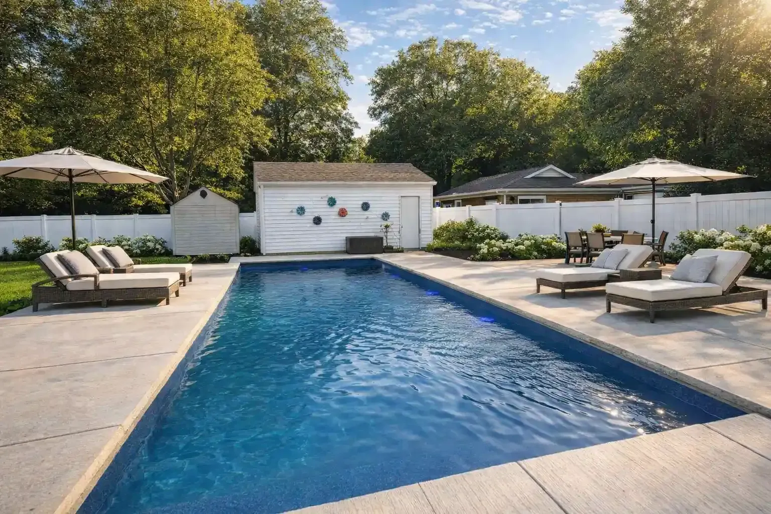 A rectangular backyard swimming pool surrounded by a concrete patio, lounge chairs, umbrellas, and trees.
