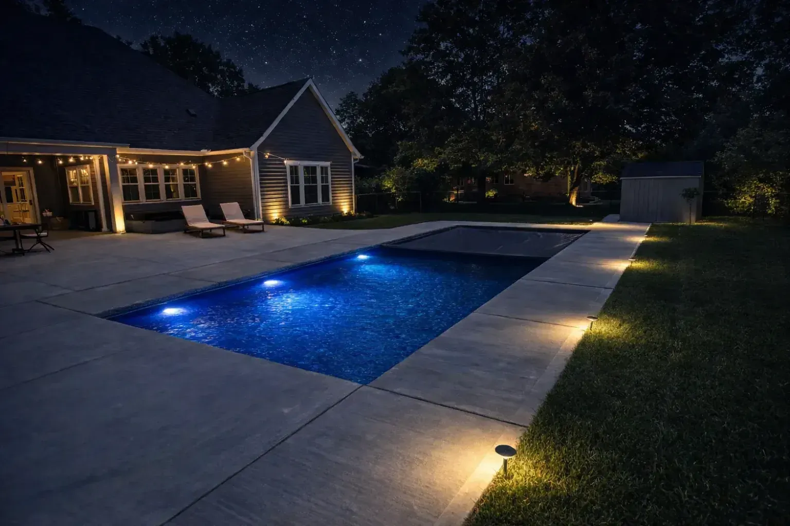 A rectangular swimming pool lit with blue underwater lights at night, next to a house with warm patio and lawn lighting.