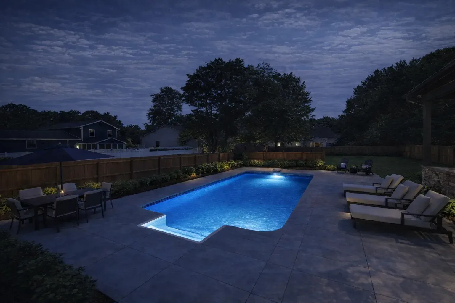 A backyard swimming pool illuminated at night, surrounded by a stone patio, lounge chairs, and a dining set under trees.