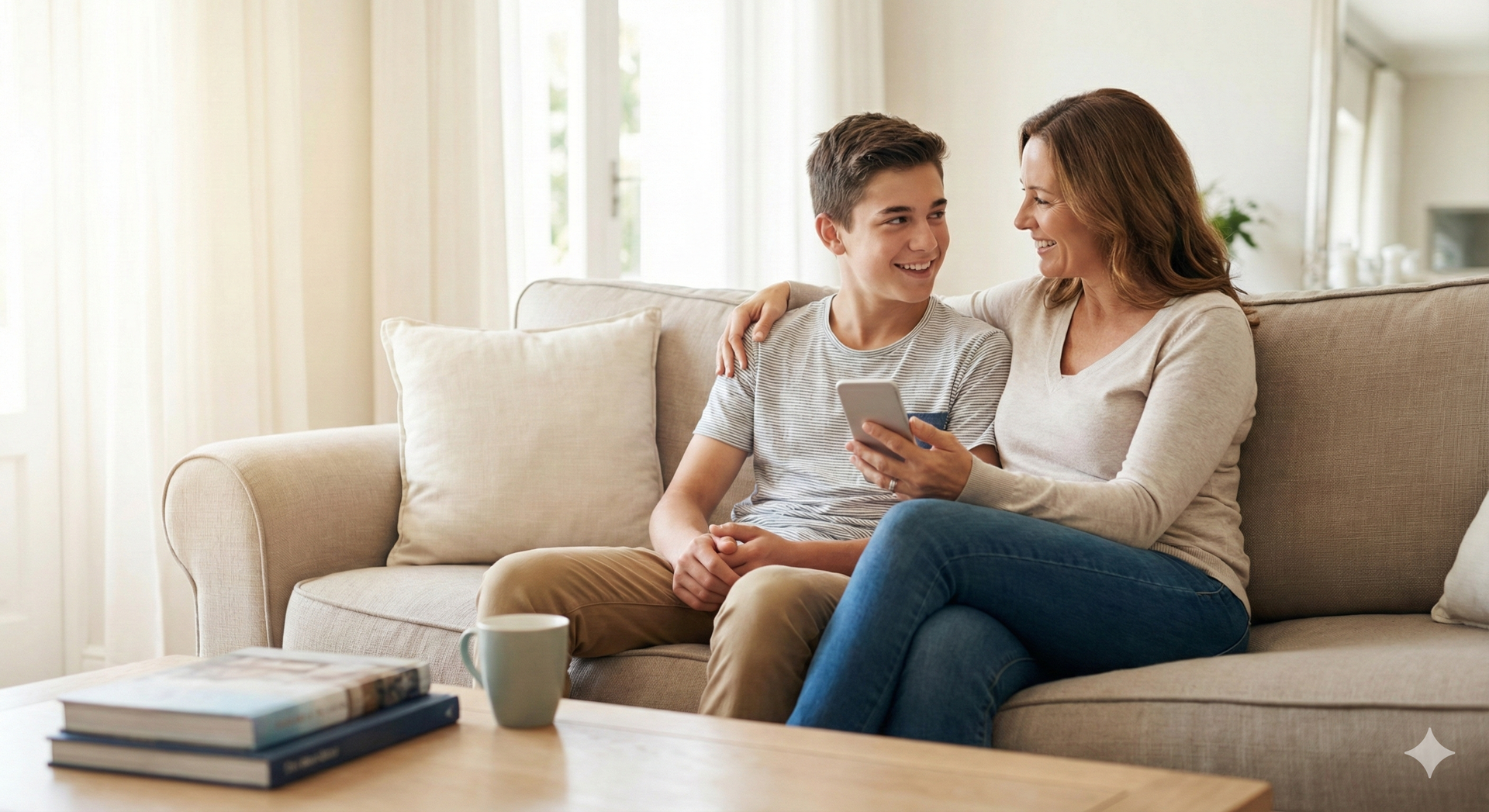 Mother and son on a couch, looking at a phone, arm around each other, smiling.