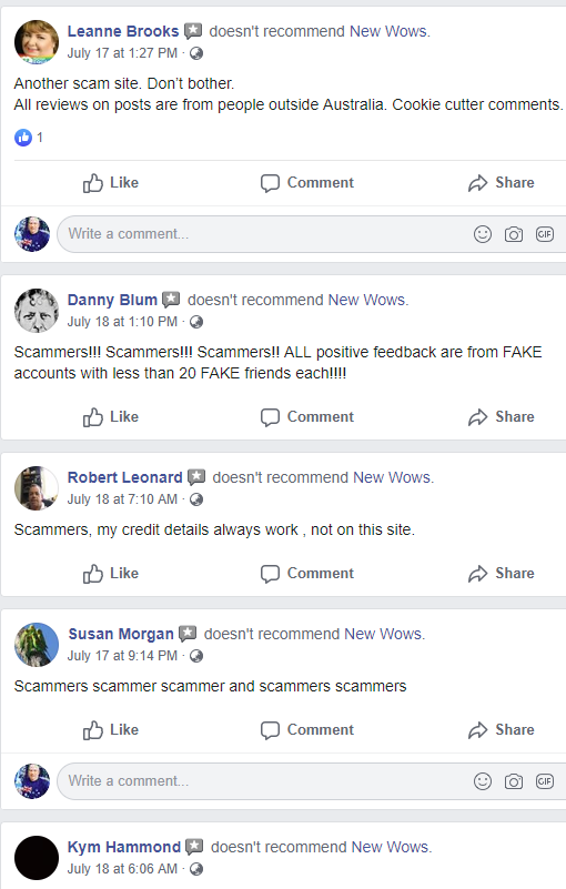 Scam warnings and bad reviews for New Wows Facebook Page.