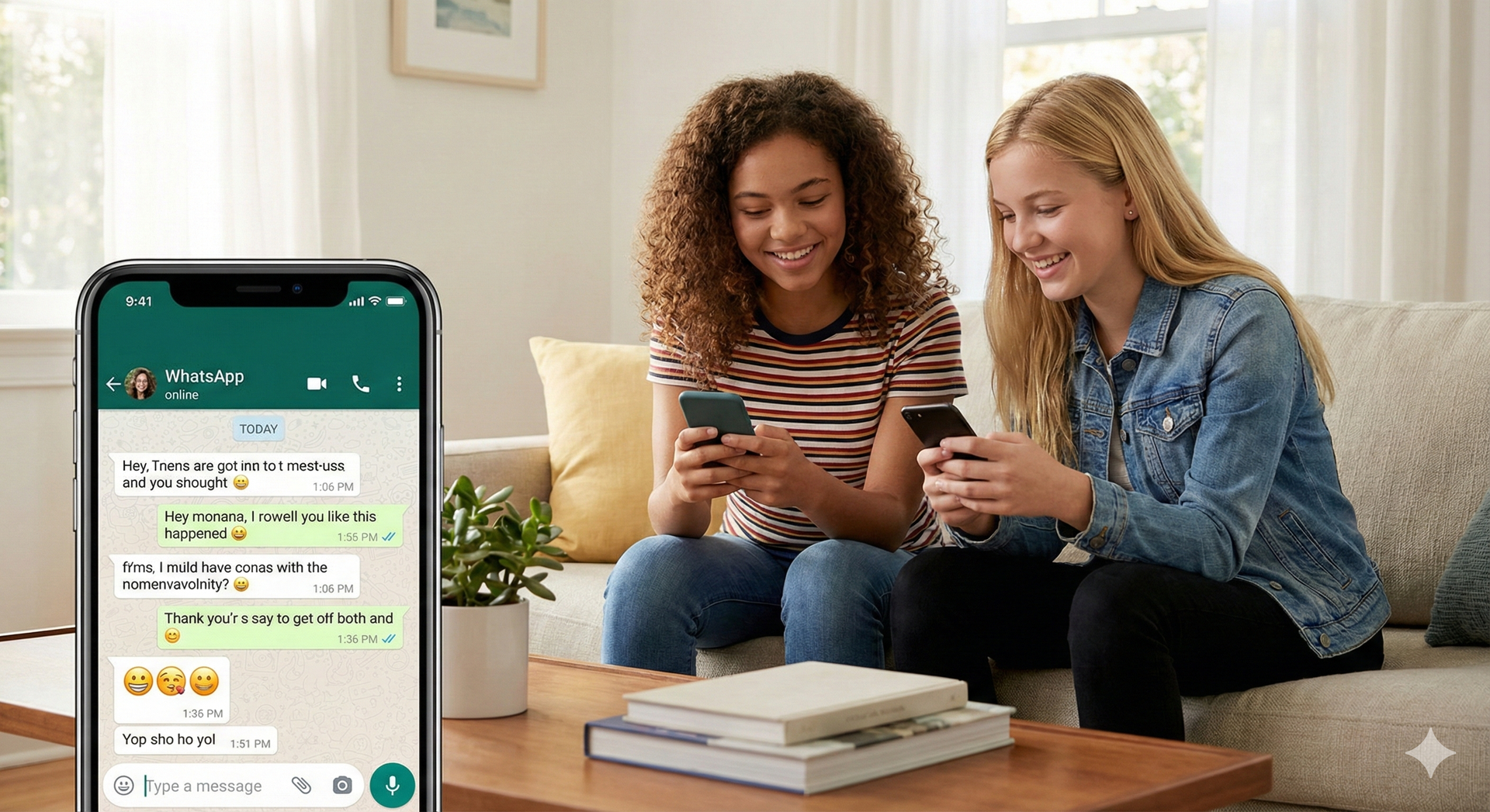 Two people on a couch texting on phones. A phone shows a messaging app with green bubbles.