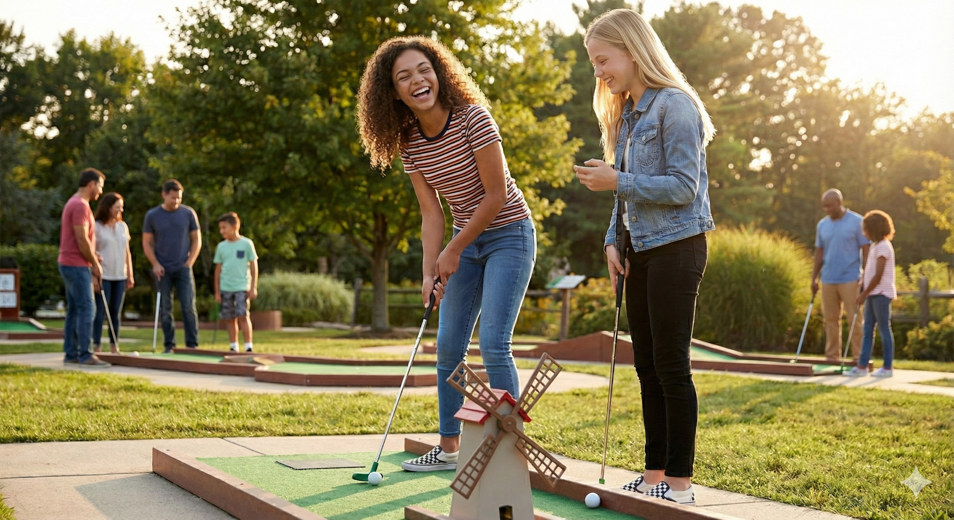 Two young women playing mini-golf, smiling. Other people watch in a sunny, outdoor setting.