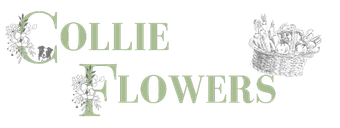 Collie Flowers logo, featuring a decorative C and F, plus a small basket of vegetables and the face of a border collie