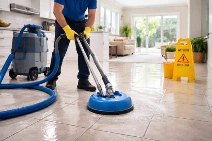A worker in blue uniform and yellow gloves uses a floor cleaning machine on tiled flooring near a wet floor warning sign.