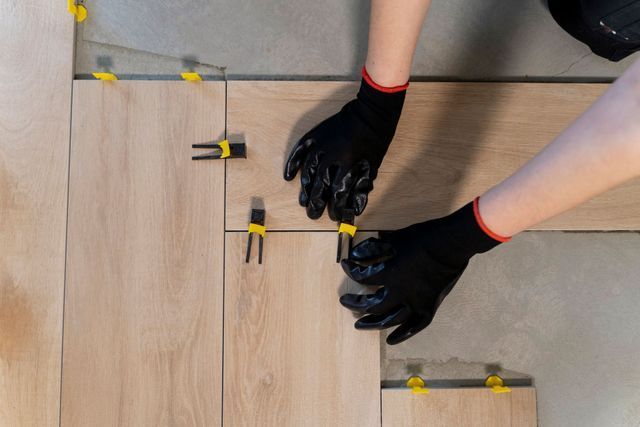 Hands in black protective gloves install wood-look floor tiles using yellow leveling spacers on a concrete surface.