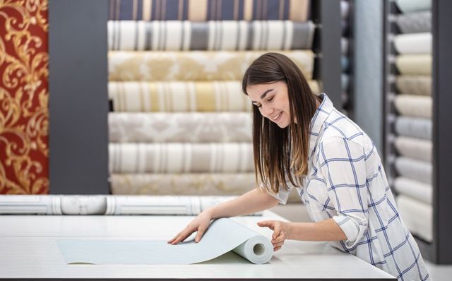 A person in a plaid shirt unrolls light-colored wallpaper on a white table in a store with shelves of wallpaper rolls.