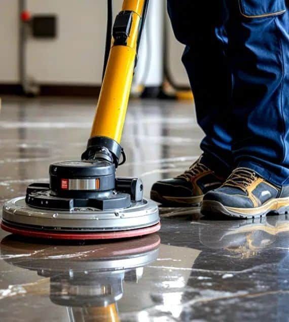 A worker in blue pants using a yellow floor buffer on a reflective, wet tile floor.