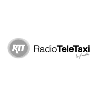 Un logotipo en blanco y negro para radioteletaxi sobre un fondo blanco.