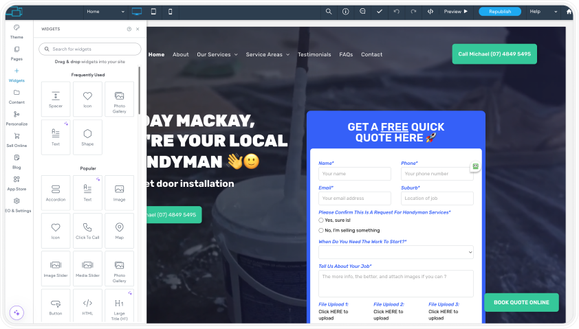 Screenshot of a website builder interface with editing tools and a form for a handyman quote.