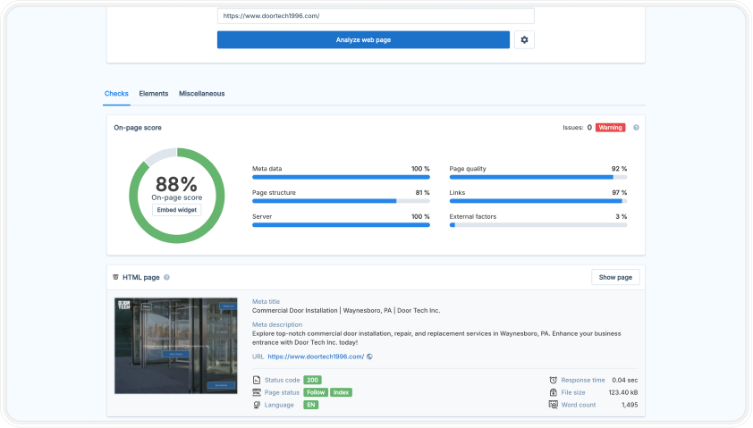Webpage with content analysis: graph, text, photo, and percentage scores.